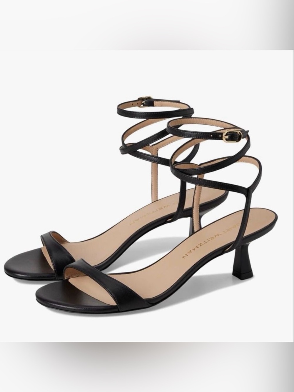 Stuart Weitzman Nudist Black Leather Wrap 50 Strap Mid Heel Sandals 8.5